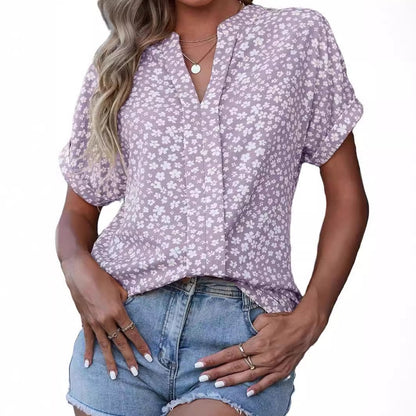 Camisa casual Camisa floral pequeña de manga corta con cuello en V plisada