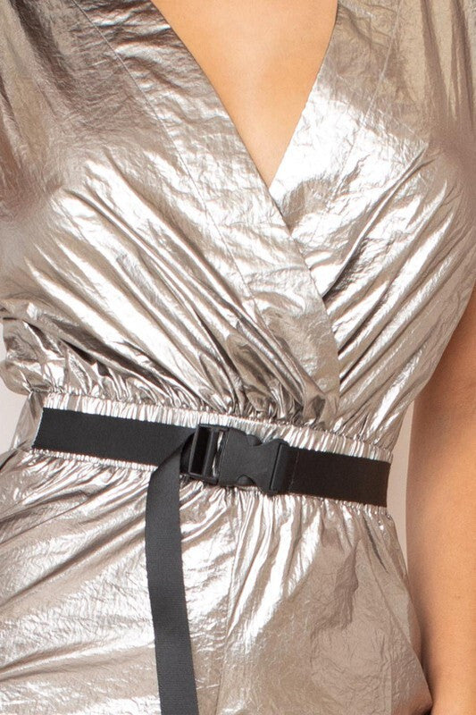 METALLIC FOIL WINDBREAKER / SURPLICE TOP / ELASTIC WAIST BAND / BUCKLE DETAIL...